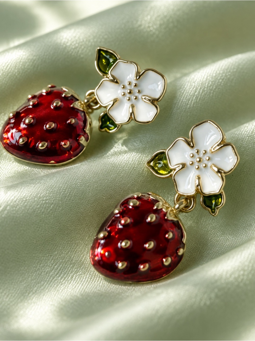 Fashion Jewelry Red Strawberry & White Flower Drop Earrings